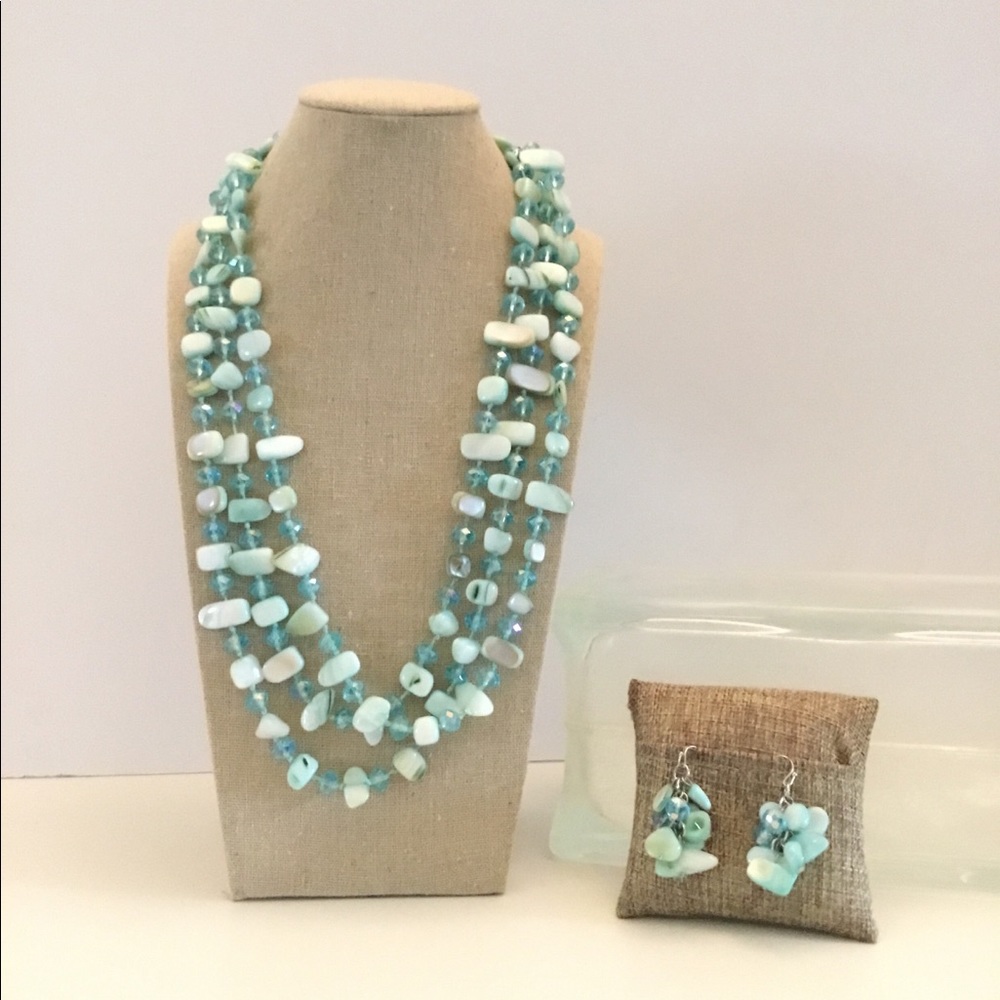 Mother of Pearl Necklace / Earring Set Blue Glass